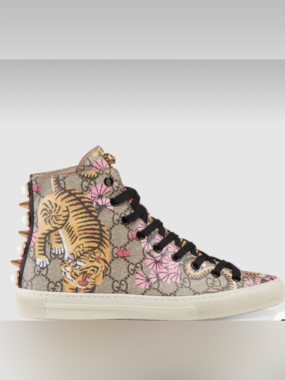 Gucci Beige GG Supreme High-Top Sneaker with Pink Floral & Tiger Motif